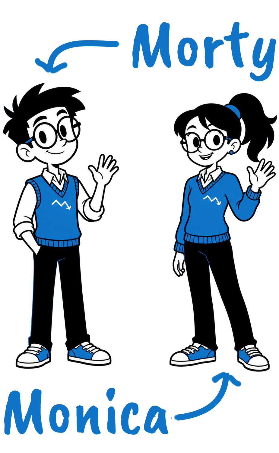 Morty and Monica, the MortMonitor mascots, waving hello