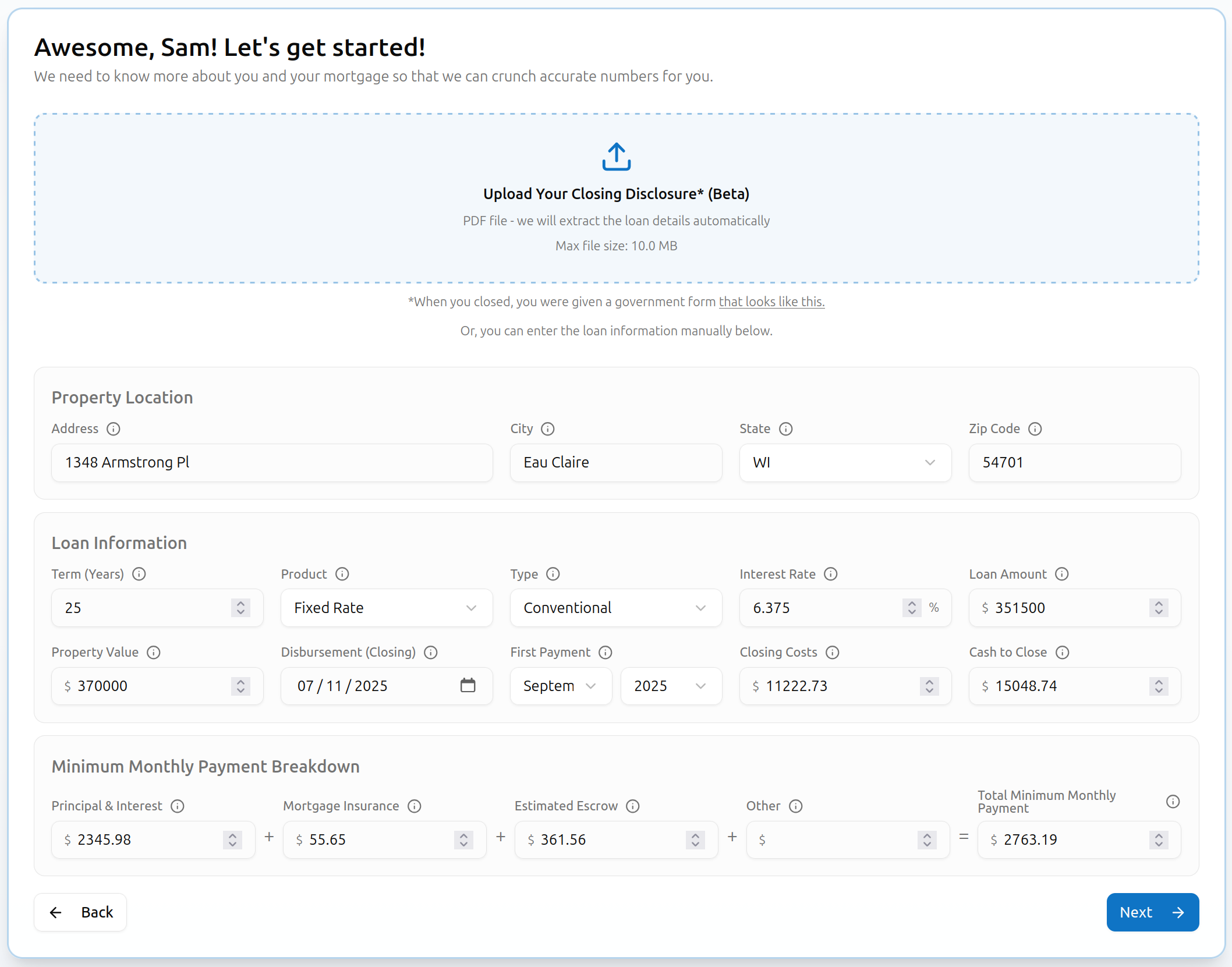 MortMonitor app screen showing how to choose refinance alerts, including monthly payment savings and break-even by months